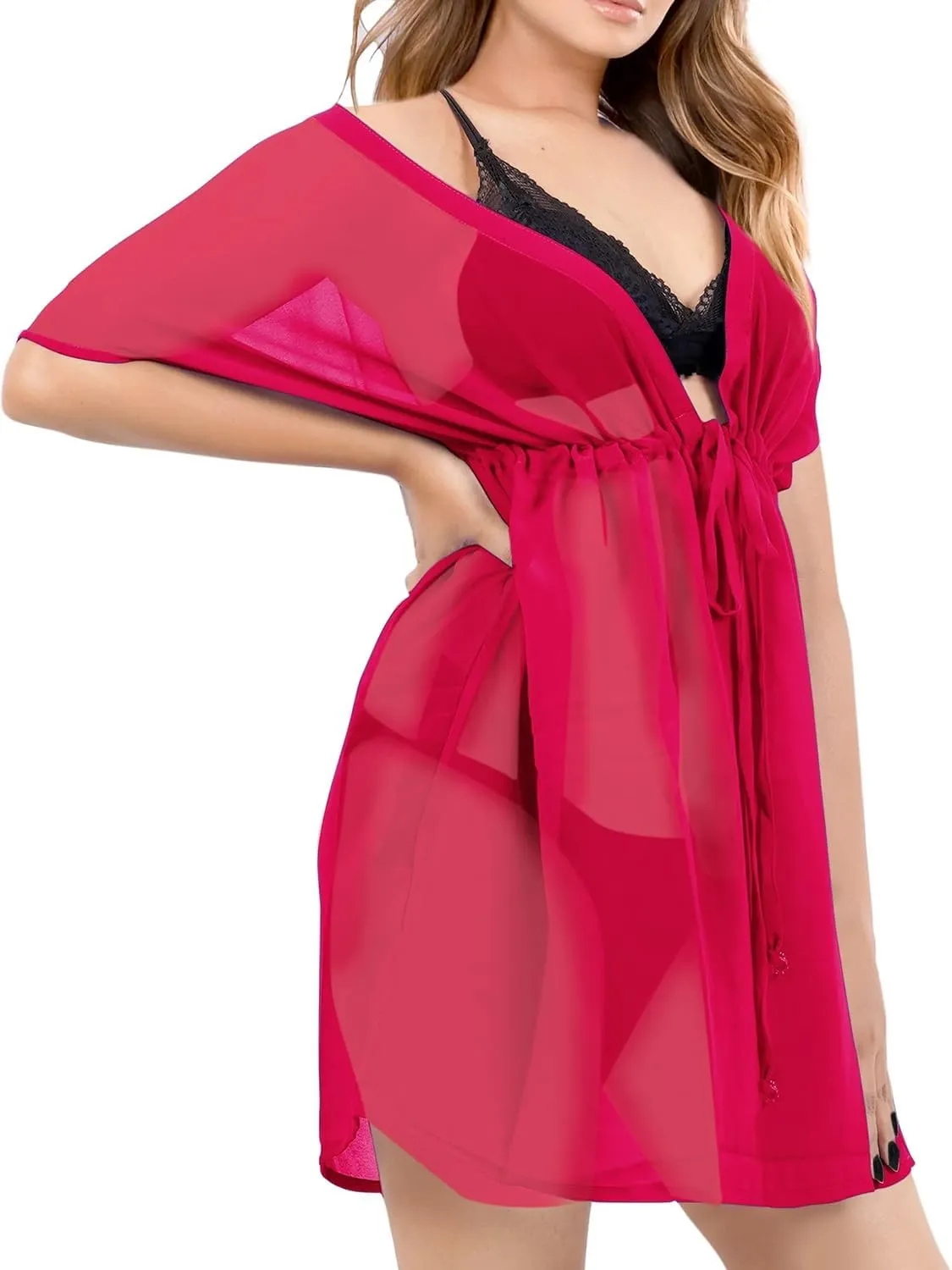 Women Beach Bikini Cover Up Mesh Swimwear Dress Sheer Swimsuit V Neck Sundress Beachwear Coverup for Summer Holidays