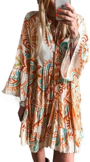 Women Boho Midi Dress Vintage Tribal Print Button Down Ruffle Sleeve Flowy Beach Dress
