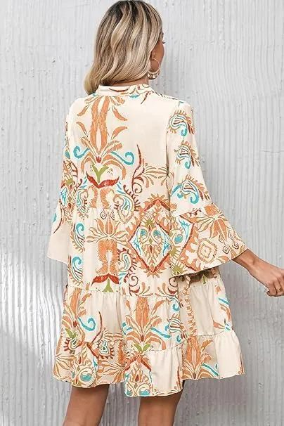 Women Boho Midi Dress Vintage Tribal Print Button Down Ruffle Sleeve Flowy Beach Dress
