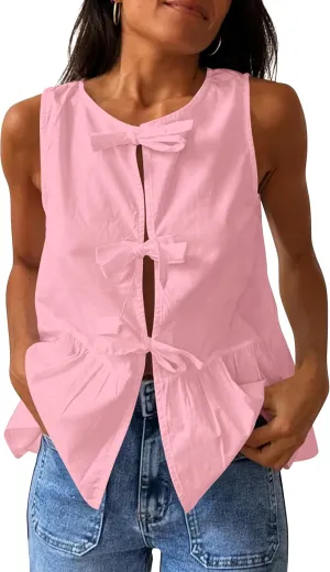 Women Casual Sleeveless Bow Tie Front Peplum Tank Tops Cute Summer Going Out Ruffled Loose Babydoll Blouse Shirts