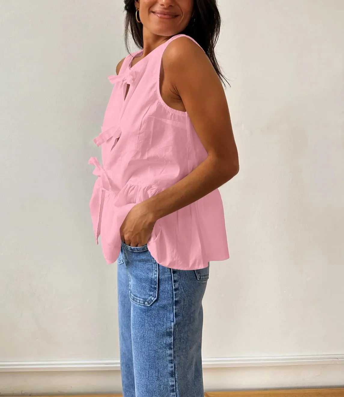 Women Casual Sleeveless Bow Tie Front Peplum Tank Tops Cute Summer Going Out Ruffled Loose Babydoll Blouse Shirts