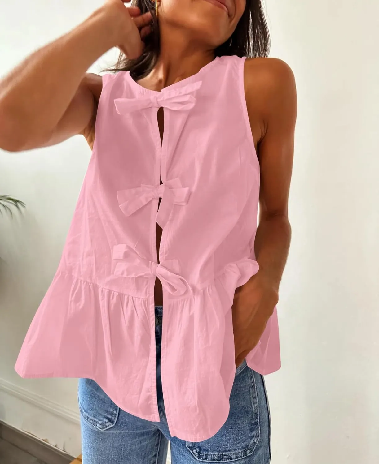 Women Casual Sleeveless Bow Tie Front Peplum Tank Tops Cute Summer Going Out Ruffled Loose Babydoll Blouse Shirts