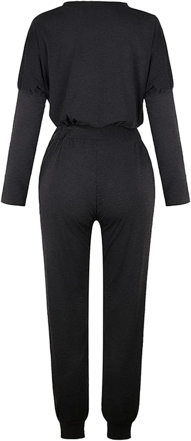 Women Casual Tracksuit Set Solid Crewneck Long Sleeve Sweatshirt High Waist Drawstring Lounge Trouser Sweatsuit Suit