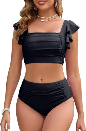 Women High Waisted Bikini Sets Square Neck Swimsuits Ruffle Cheeky Tummy Control Solid Two Piece Bathing Suit