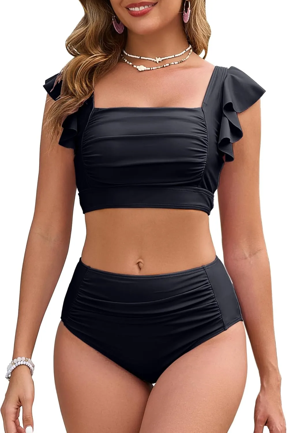 Women High Waisted Bikini Sets Square Neck Swimsuits Ruffle Cheeky Tummy Control Solid Two Piece Bathing Suit