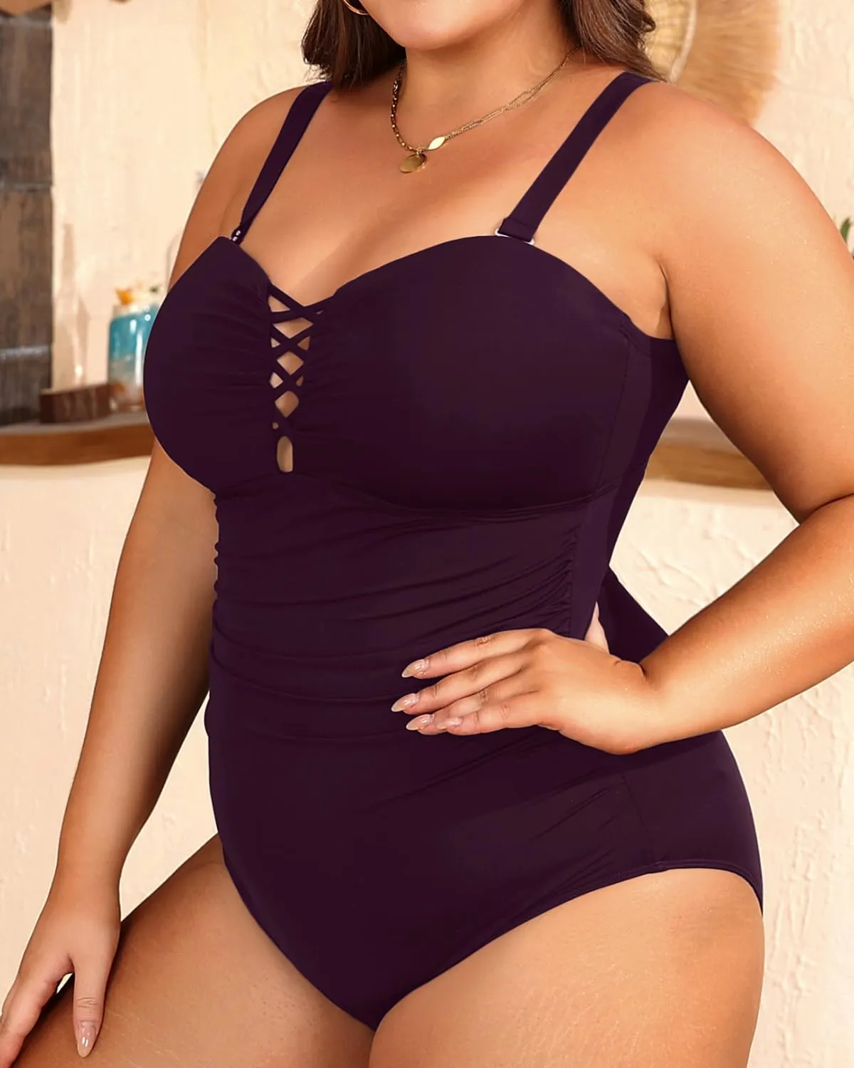 Women Plus Size One Piece Swimsuit - Tummy Control Bathing Suits Ruched Lace up Swimwear Bandeau Retro Swimsuits 2025