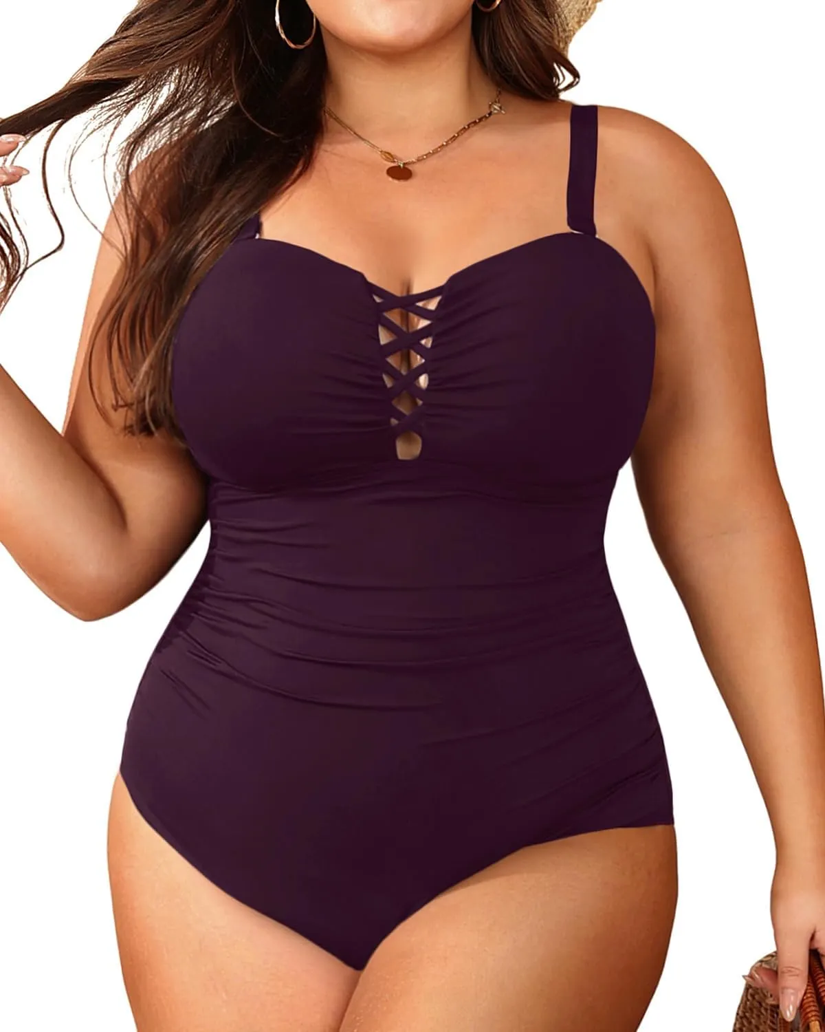 Women Plus Size One Piece Swimsuit - Tummy Control Bathing Suits Ruched Lace up Swimwear Bandeau Retro Swimsuits 2025