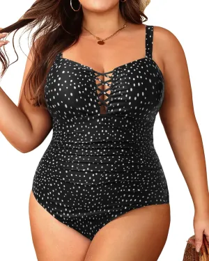Women Plus Size One Piece Swimsuit - Tummy Control Bathing Suits Ruched Lace up Swimwear Bandeau Retro Swimsuits 2025