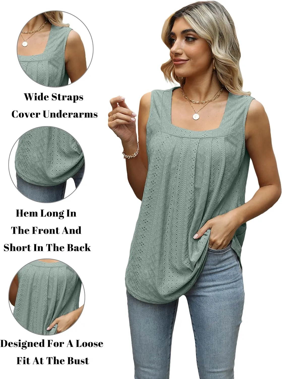 Women Square Neck Summer Sleeveless Tank Tops, Cute Babydoll Tops Fashion Eyelet Tunic Curved Hem Shirts Blouses