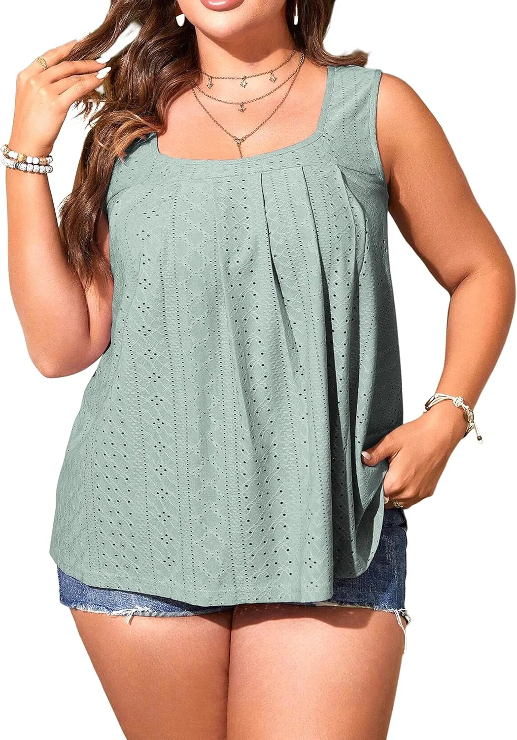 Women Square Neck Summer Sleeveless Tank Tops, Cute Babydoll Tops Fashion Eyelet Tunic Curved Hem Shirts Blouses