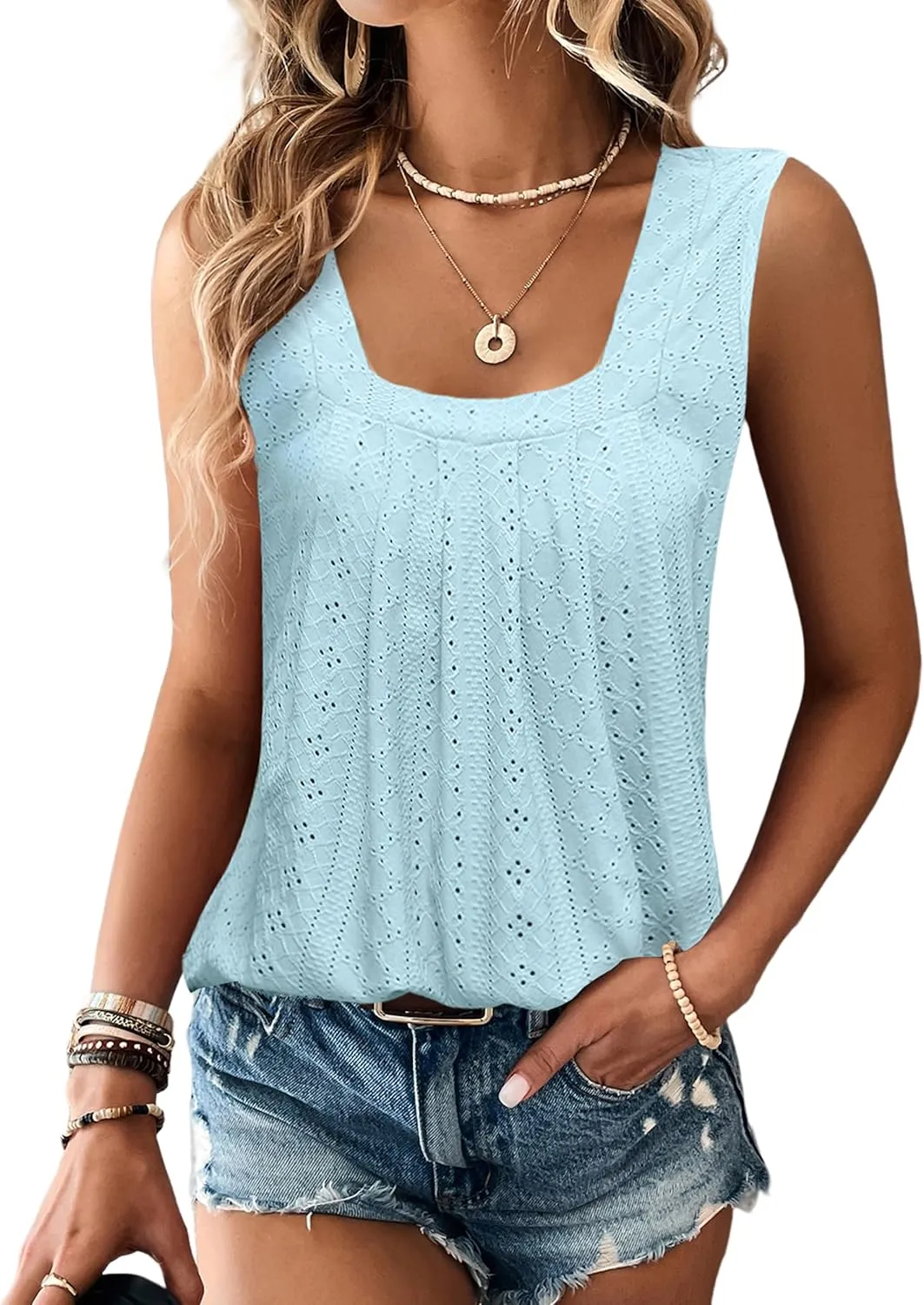 Women Square Neck Summer Sleeveless Tank Tops, Cute Babydoll Tops Fashion Eyelet Tunic Curved Hem Shirts Blouses