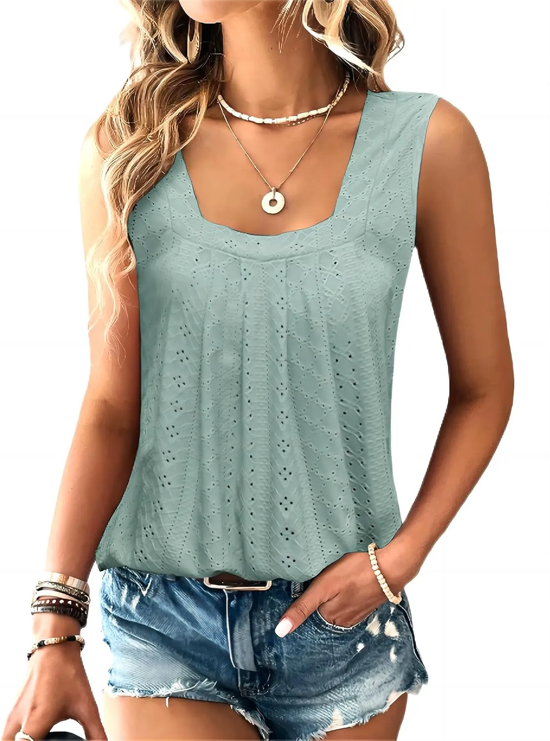 Women Square Neck Summer Sleeveless Tank Tops, Cute Babydoll Tops Fashion Eyelet Tunic Curved Hem Shirts Blouses