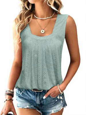 Women Square Neck Summer Sleeveless Tank Tops, Cute Babydoll Tops Fashion Eyelet Tunic Curved Hem Shirts Blouses