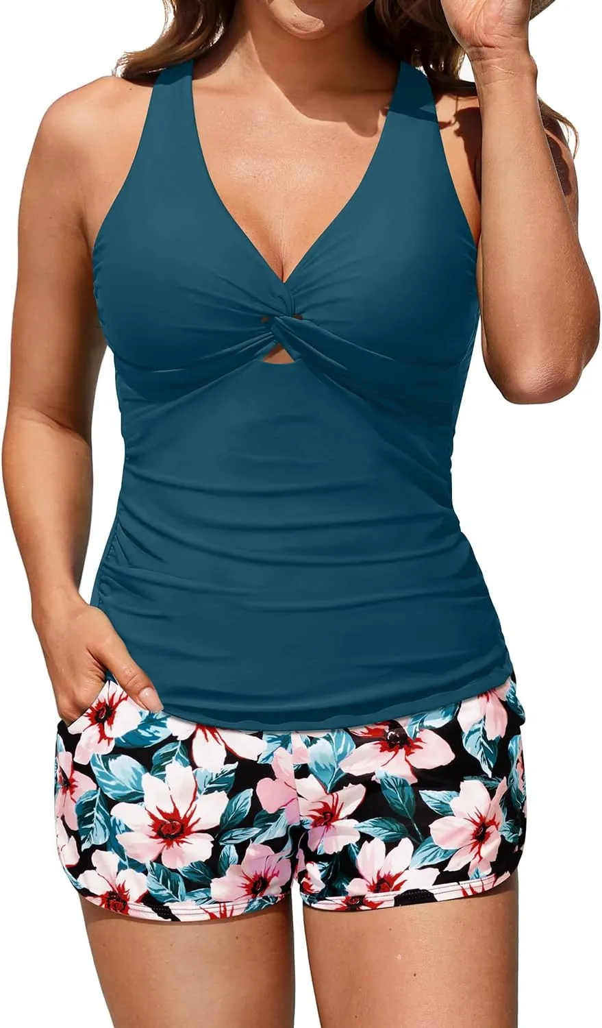 Women Tankini Swimsuit with Shorts - Two Piece Tummy Control Bathing Suit Twist Knot Swimwear 2025 with Pockets