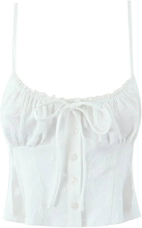 Women White Spliced Lace Bow Tank Tops Patchwork Ruched Chest Camisole Slim Buttons Crop Top