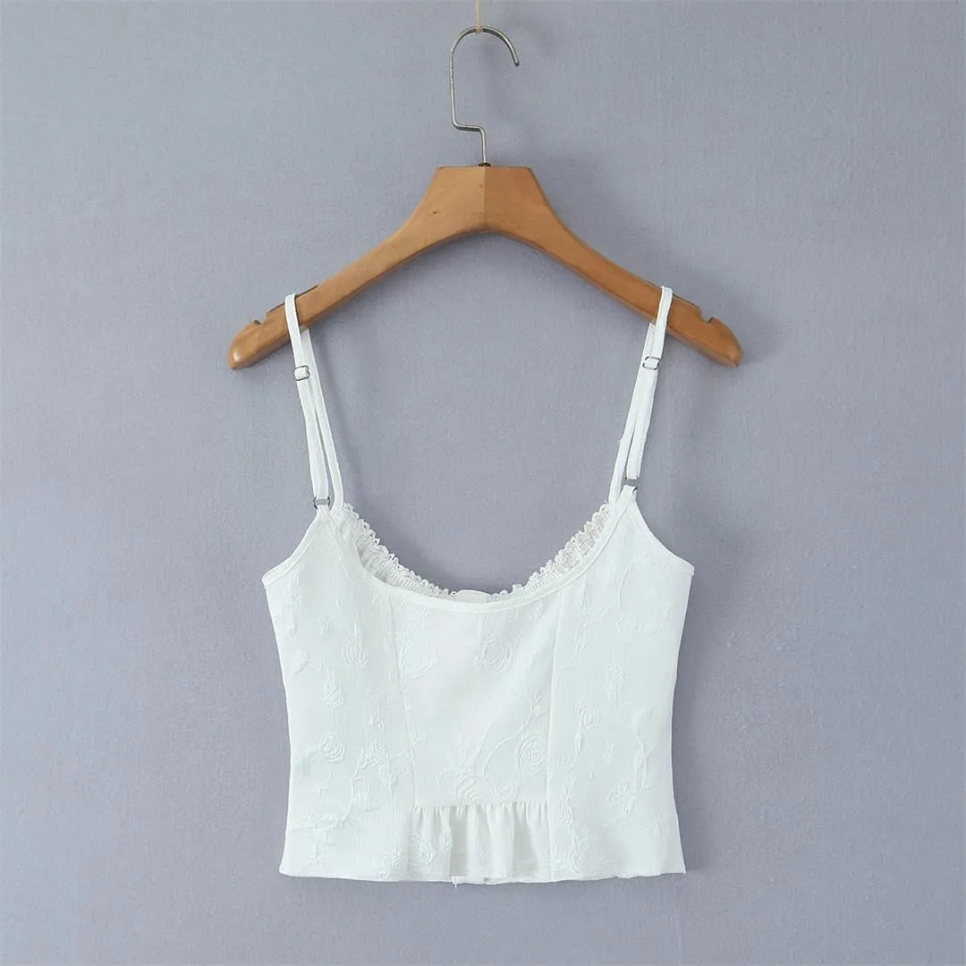 Women White Spliced Lace Bow Tank Tops Patchwork Ruched Chest Camisole Slim Buttons Crop Top