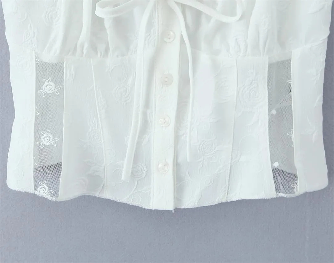 Women White Spliced Lace Bow Tank Tops Patchwork Ruched Chest Camisole Slim Buttons Crop Top