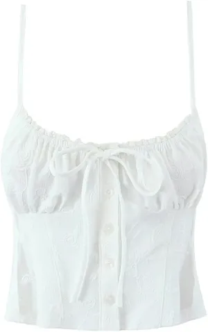 Women White Spliced Lace Bow Tank Tops Patchwork Ruched Chest Camisole Slim Buttons Crop Top