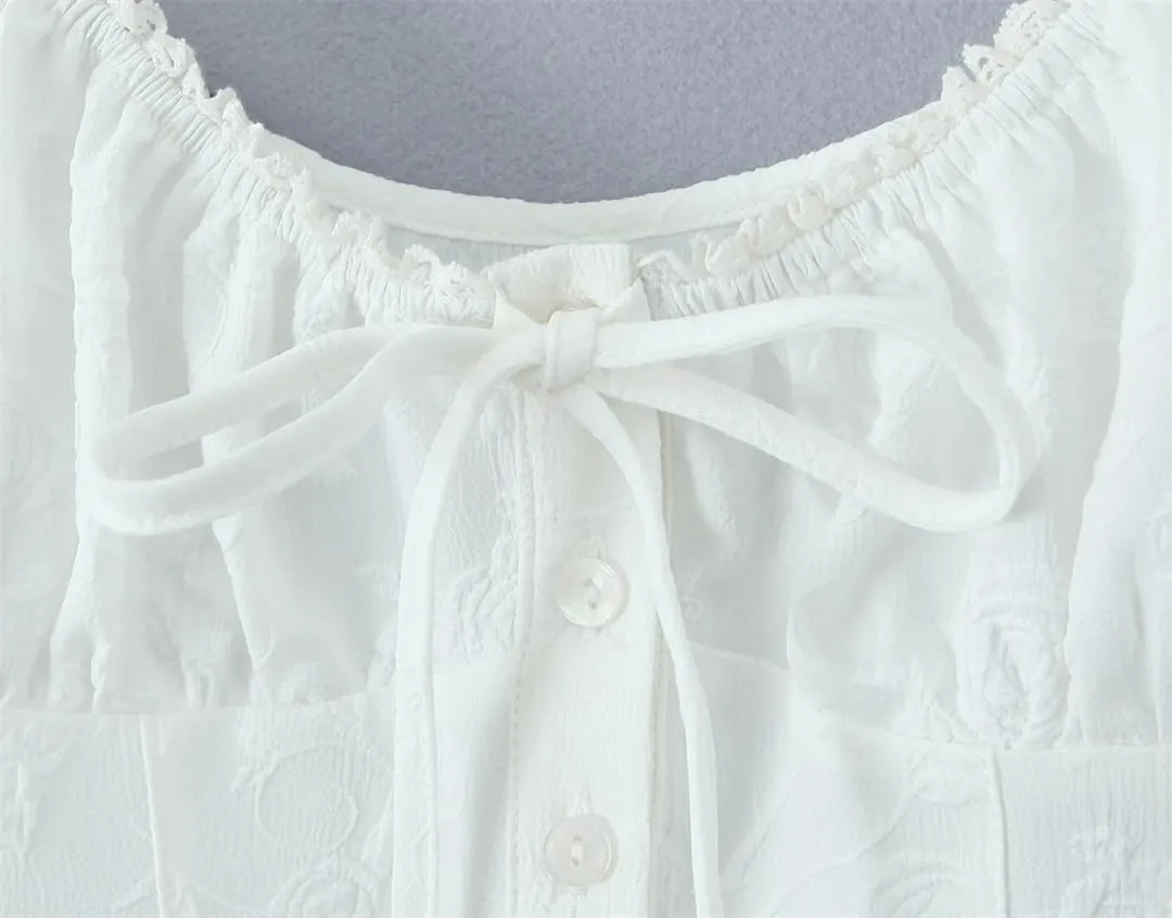 Women White Spliced Lace Bow Tank Tops Patchwork Ruched Chest Camisole Slim Buttons Crop Top