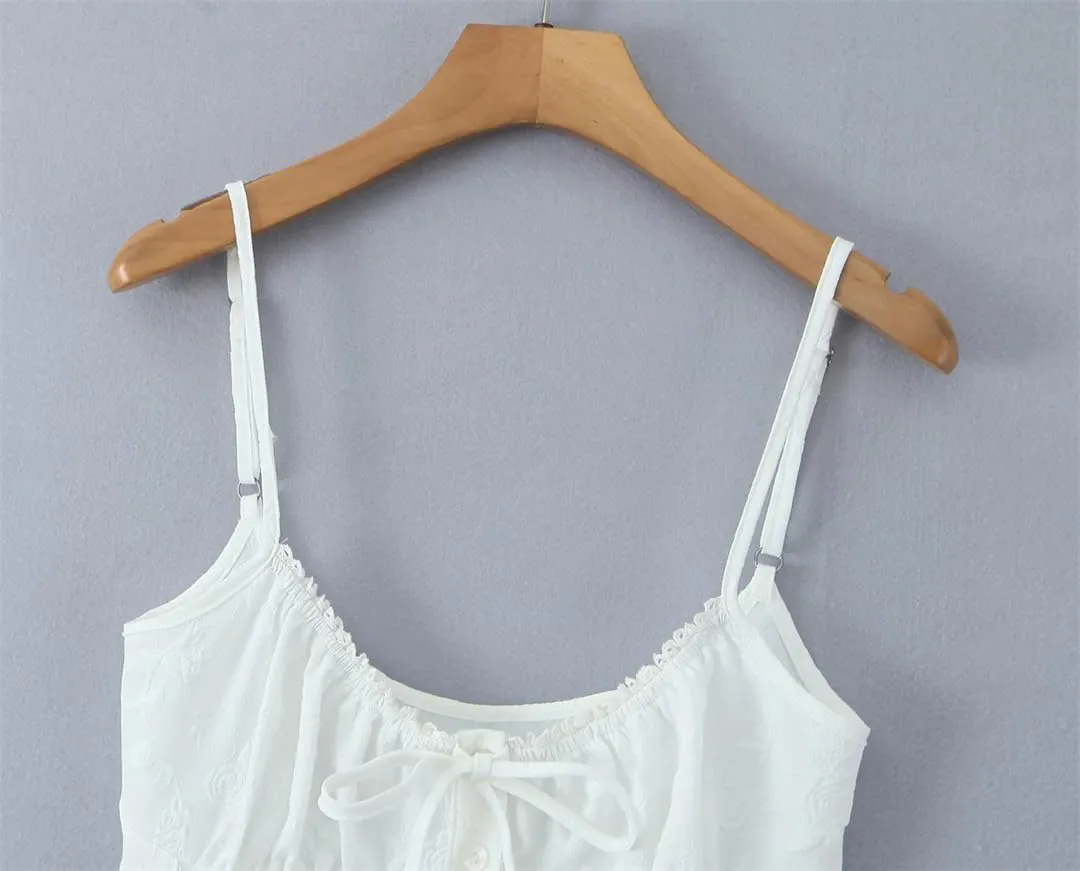 Women White Spliced Lace Bow Tank Tops Patchwork Ruched Chest Camisole Slim Buttons Crop Top