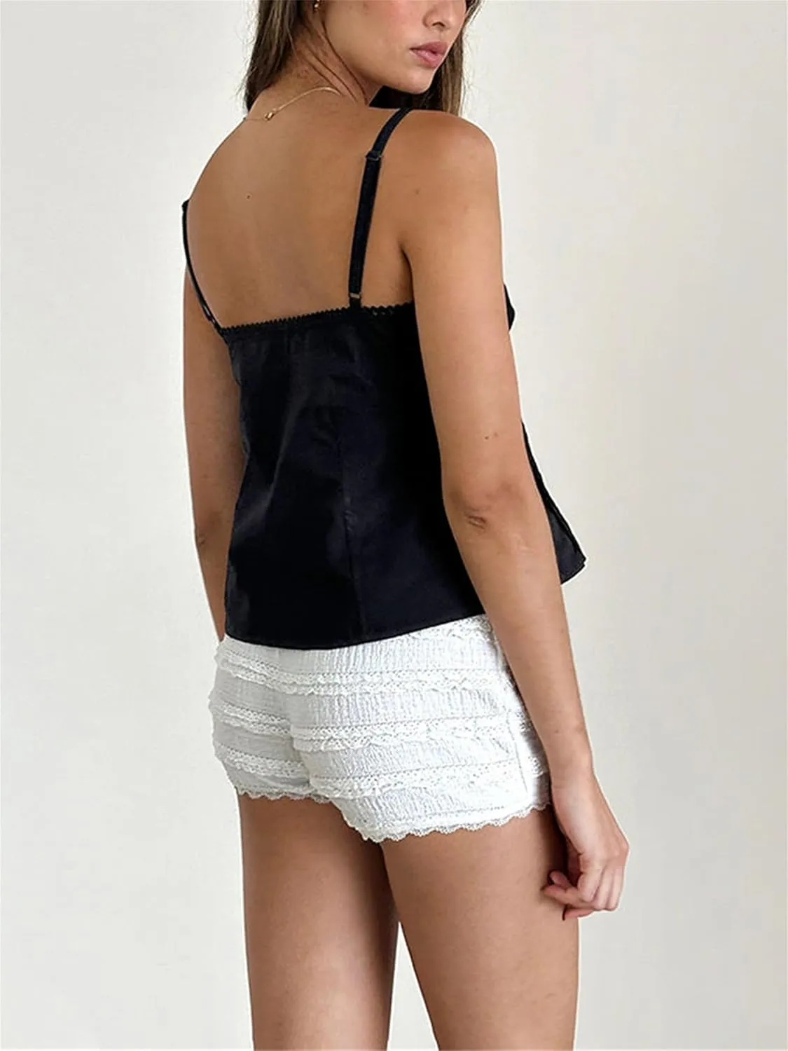 Women Y2k Babydoll Cami Top Sexy Lace Ruffle V Neck Spaghetti Strap Peplum Tank Tops Coquette Going Out Streetwear