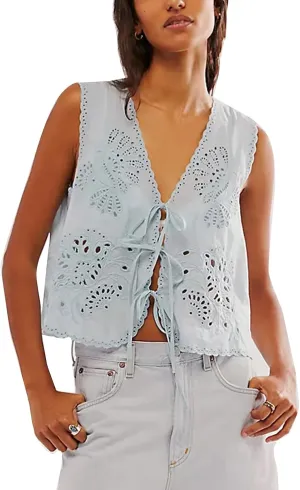 Women Y2k Embroidered Floral Front Tie Up Tank Vest Summer V Neck Cute Eyelet Going Out Crop Tops Blouse Shirts