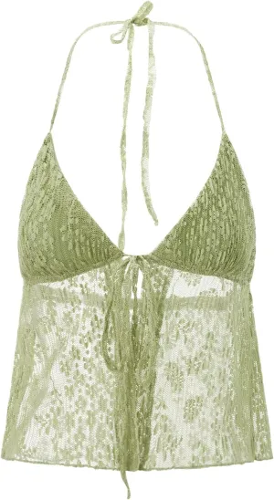 Women Y2k Lace Halter Tops Sexy Tie Front V-Neck Going Out Tank Crop Cute Trendy Backless Flowy Cami Shirt