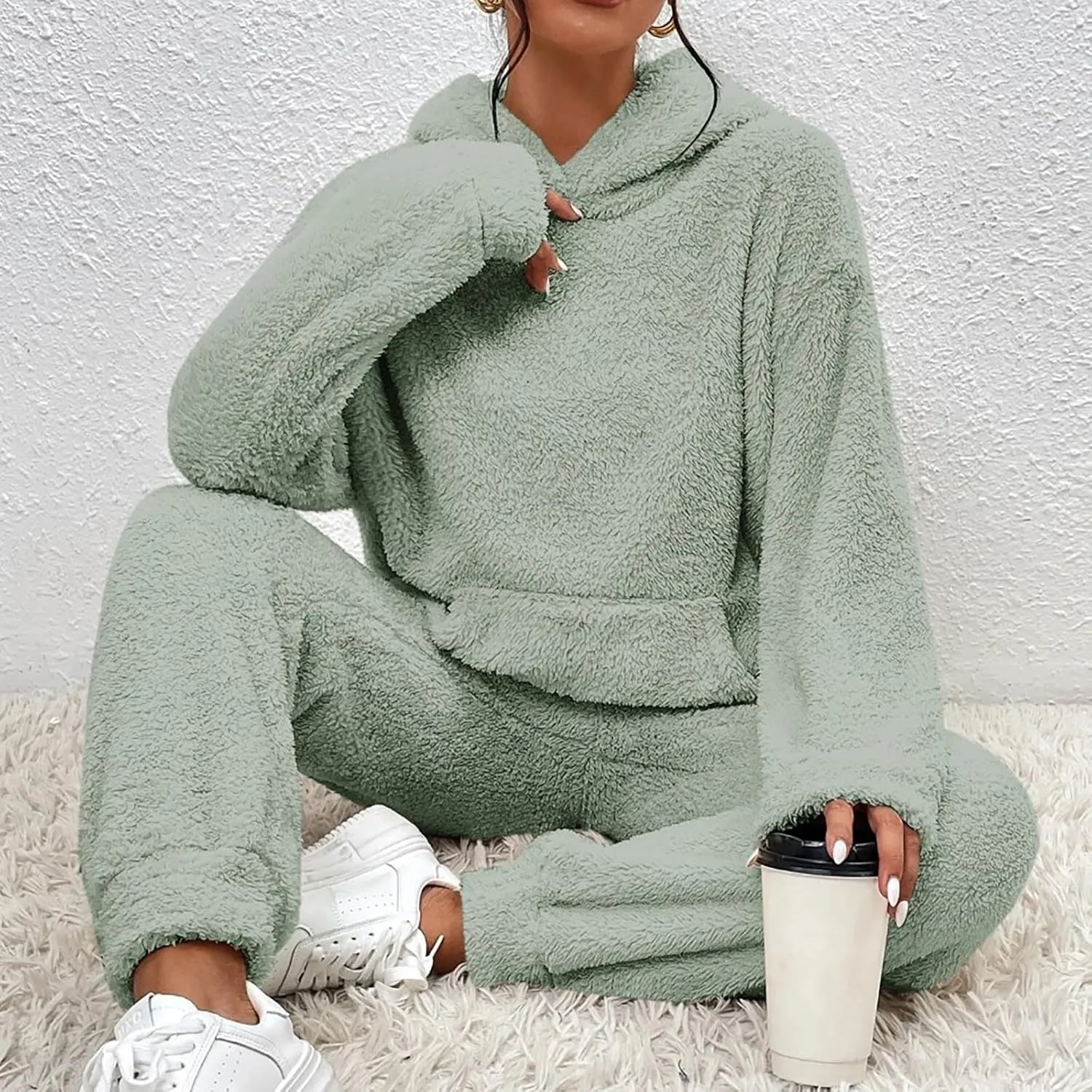 Womens 2 Piece Pajama Sets Women's Autumn and Winter Solid Color Hooded Long Sleeve Pocket Casual Fleece Pullover