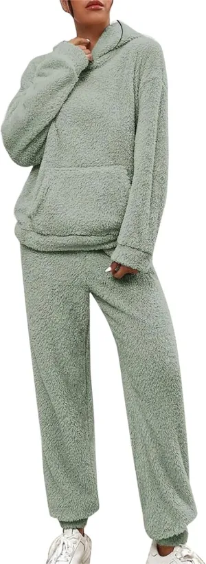 Womens 2 Piece Pajama Sets Women's Autumn and Winter Solid Color Hooded Long Sleeve Pocket Casual Fleece Pullover