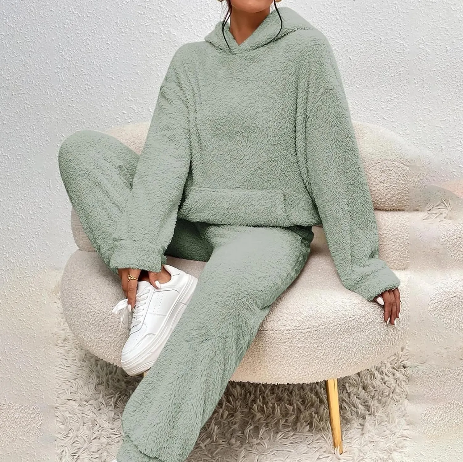 Womens 2 Piece Pajama Sets Women's Autumn and Winter Solid Color Hooded Long Sleeve Pocket Casual Fleece Pullover