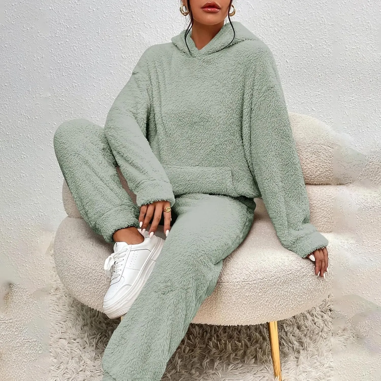 Womens 2 Piece Pajama Sets Women's Autumn and Winter Solid Color Hooded Long Sleeve Pocket Casual Fleece Pullover