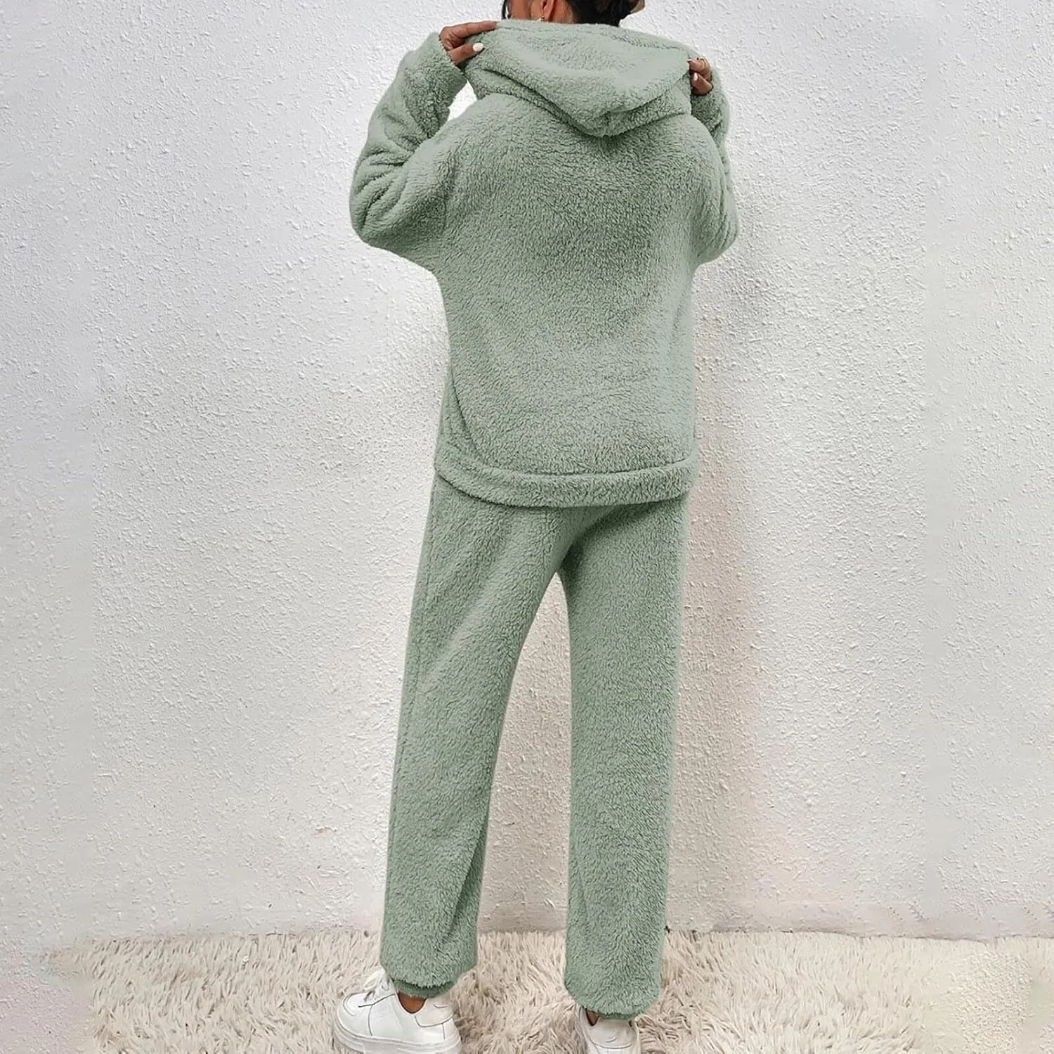 Womens 2 Piece Pajama Sets Women's Autumn and Winter Solid Color Hooded Long Sleeve Pocket Casual Fleece Pullover