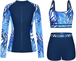 Women's 3 Piece Rash Guard Long Sleeve Zip up Swim Shirt with Built in Bra and Boyshorts Quick Dry Modest Swimsuit