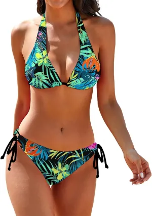 Women's Bikini Sets Two Piece Bathing Suits Sexy Textured Halter Padded Bikini Swimsuits Side Tie Thong Bottom Swimwear