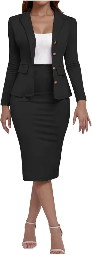 Women's Business Suit 2 Piece Long Sleeve Skirt Suit Set Lady Blazer Office Work Solid Slim Fit Jacket Outfits