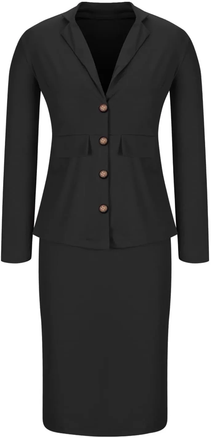 Women's Business Suit 2 Piece Long Sleeve Skirt Suit Set Lady Blazer Office Work Solid Slim Fit Jacket Outfits