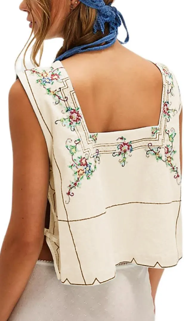 Women's Camisole Summer Tie Strap Tank Tops Y2k Solid Plaid Side Ties Sleeveless Tops Floral Embroidered Vest Top