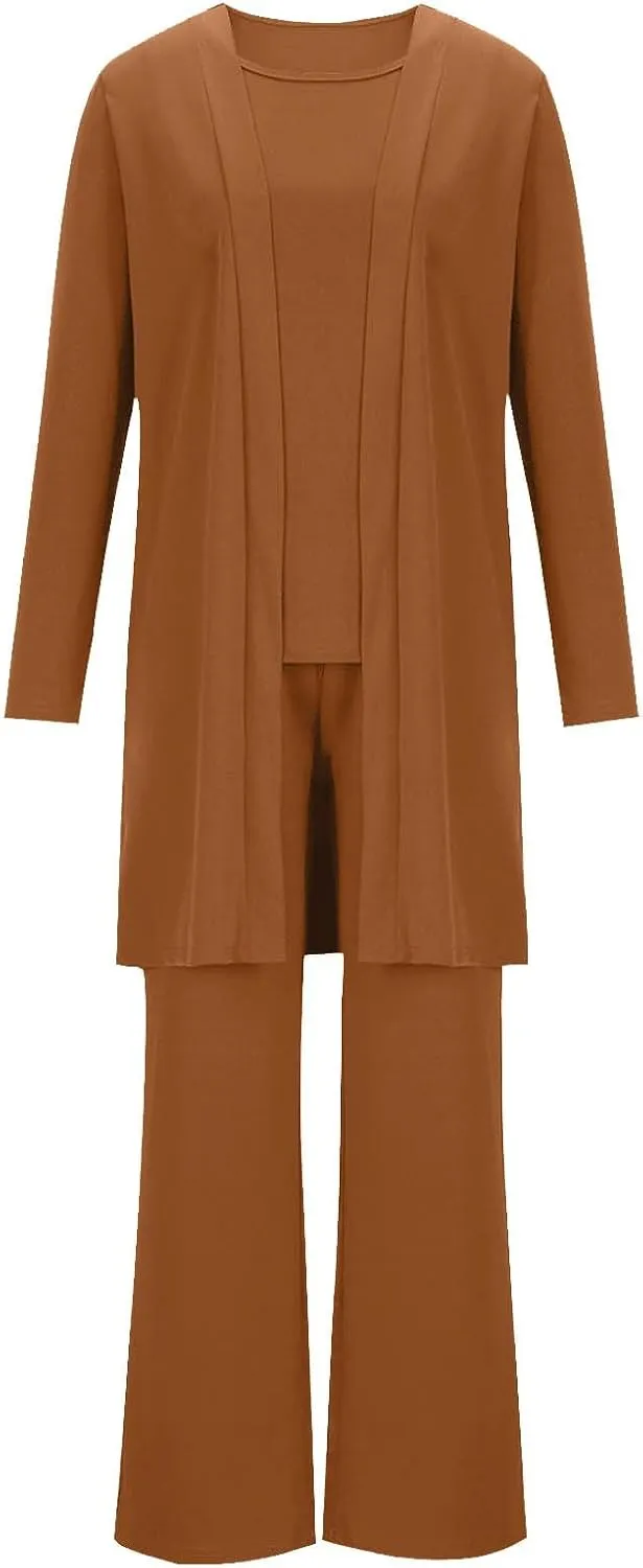 Womens Casual Outfits 3 Piece Sets Sleeveless Tank Tops and Wide Leg Pants Suit with Open Front Jacket Cardigan