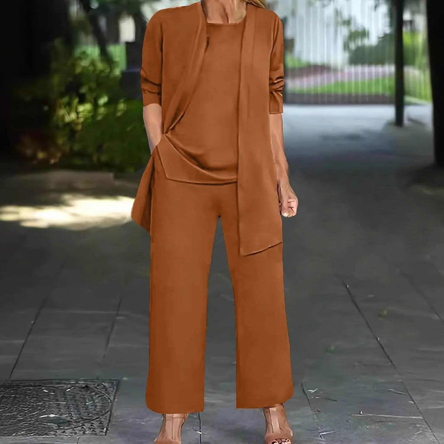 Womens Casual Outfits 3 Piece Sets Sleeveless Tank Tops and Wide Leg Pants Suit with Open Front Jacket Cardigan