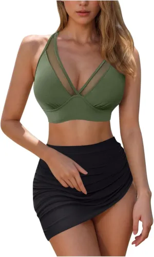 Women's High Waisted Bikini Set Two Piece Swimsuit Tummy Control Bathing Suit Skirt Bottoms Halter Push Up Swimsuit