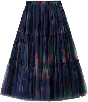 Womens Irregular Tulle Midi Skirts High Waisted Elastic Waisted Pleated Layered Fluffy Skirts Comfy Mesh Fairy Skirts
