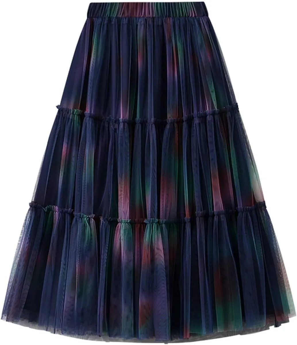 Womens Irregular Tulle Midi Skirts High Waisted Elastic Waisted Pleated Layered Fluffy Skirts Comfy Mesh Fairy Skirts