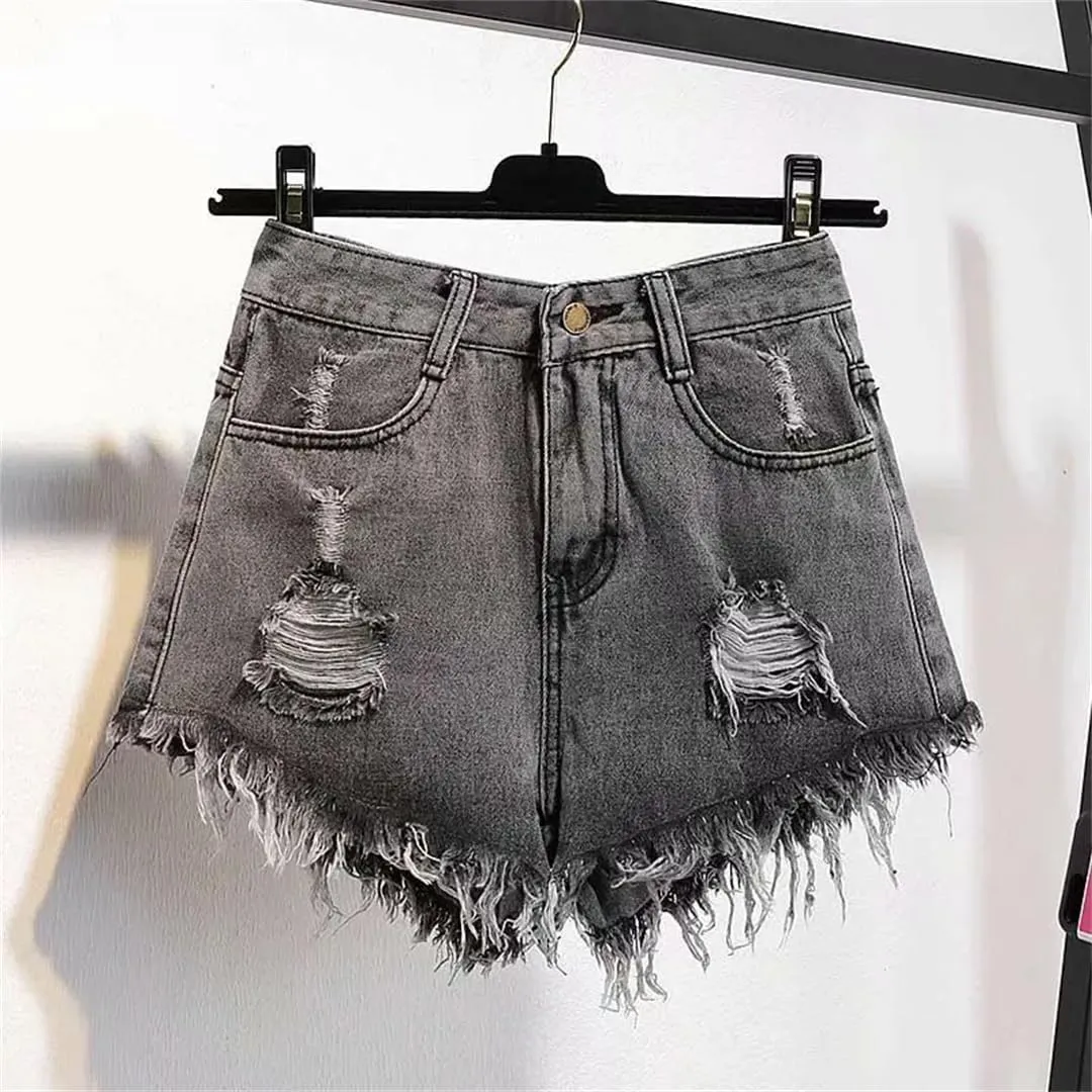 Women's Large Size Denim with Ruffled Shorts Summer Wide Leg Student A-Line Hot Pants Basic Short Jeans