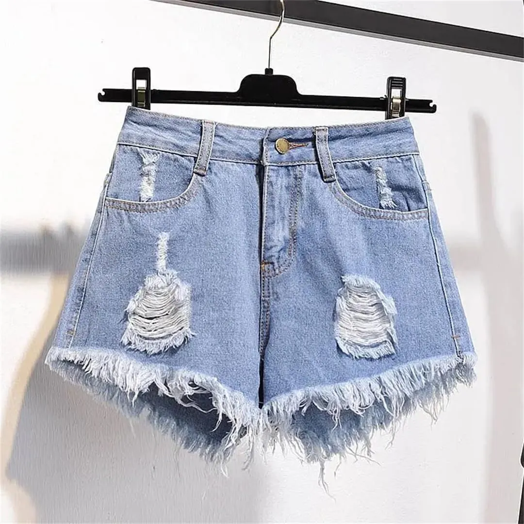 Women's Large Size Denim with Ruffled Shorts Summer Wide Leg Student A-Line Hot Pants Basic Short Jeans