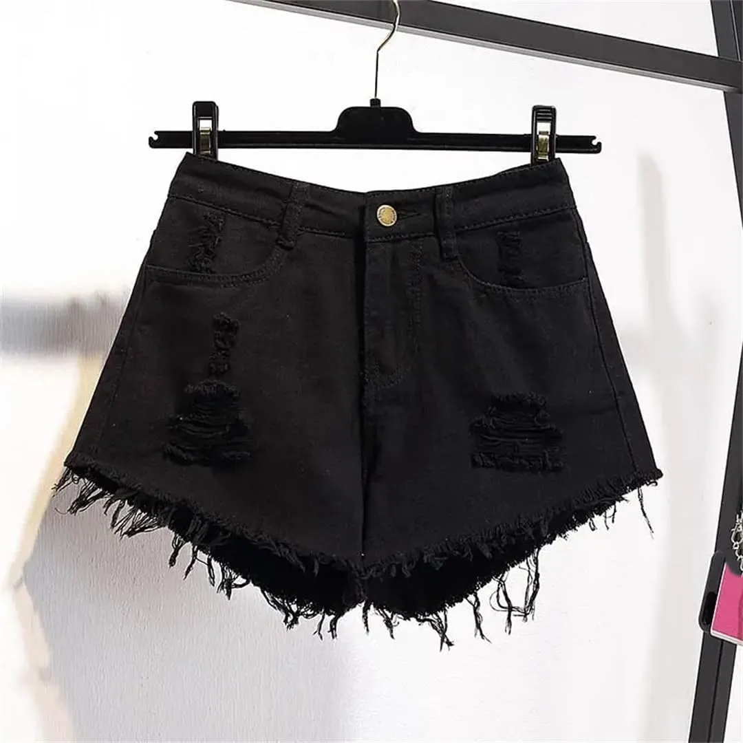 Women's Large Size Denim with Ruffled Shorts Summer Wide Leg Student A-Line Hot Pants Basic Short Jeans