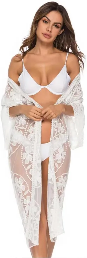 Women's mesh Lace Cardigan Floral Crochet Sheer Beach Cover Up Long Kimono