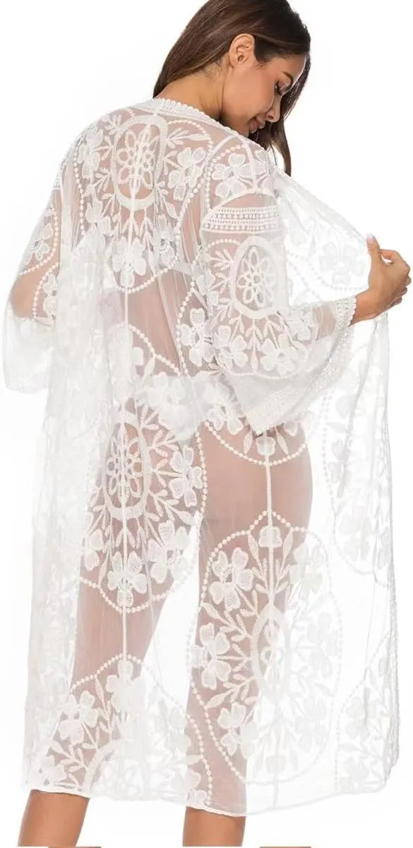 Women's mesh Lace Cardigan Floral Crochet Sheer Beach Cover Up Long Kimono