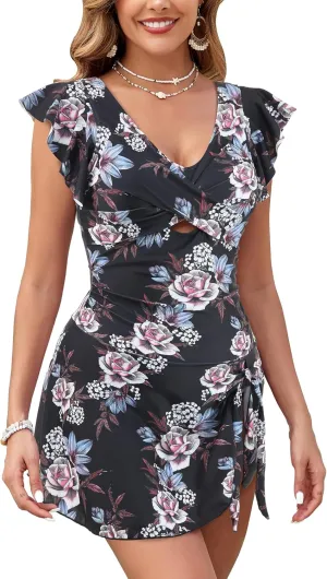 Women's One Piece Swimdress Swimsuit Tummy Control Ruffle Swim Dress Skirt Criss Cross Tie Back Bathing Suit