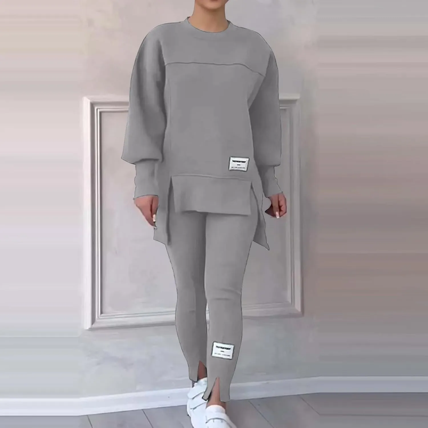 Womens Pant Sets 2 Piece Outfits Track Suit Sweatsuit Long Sleeve High-Low Slit Hem Top Sweatshirt Leggings Jogger Set