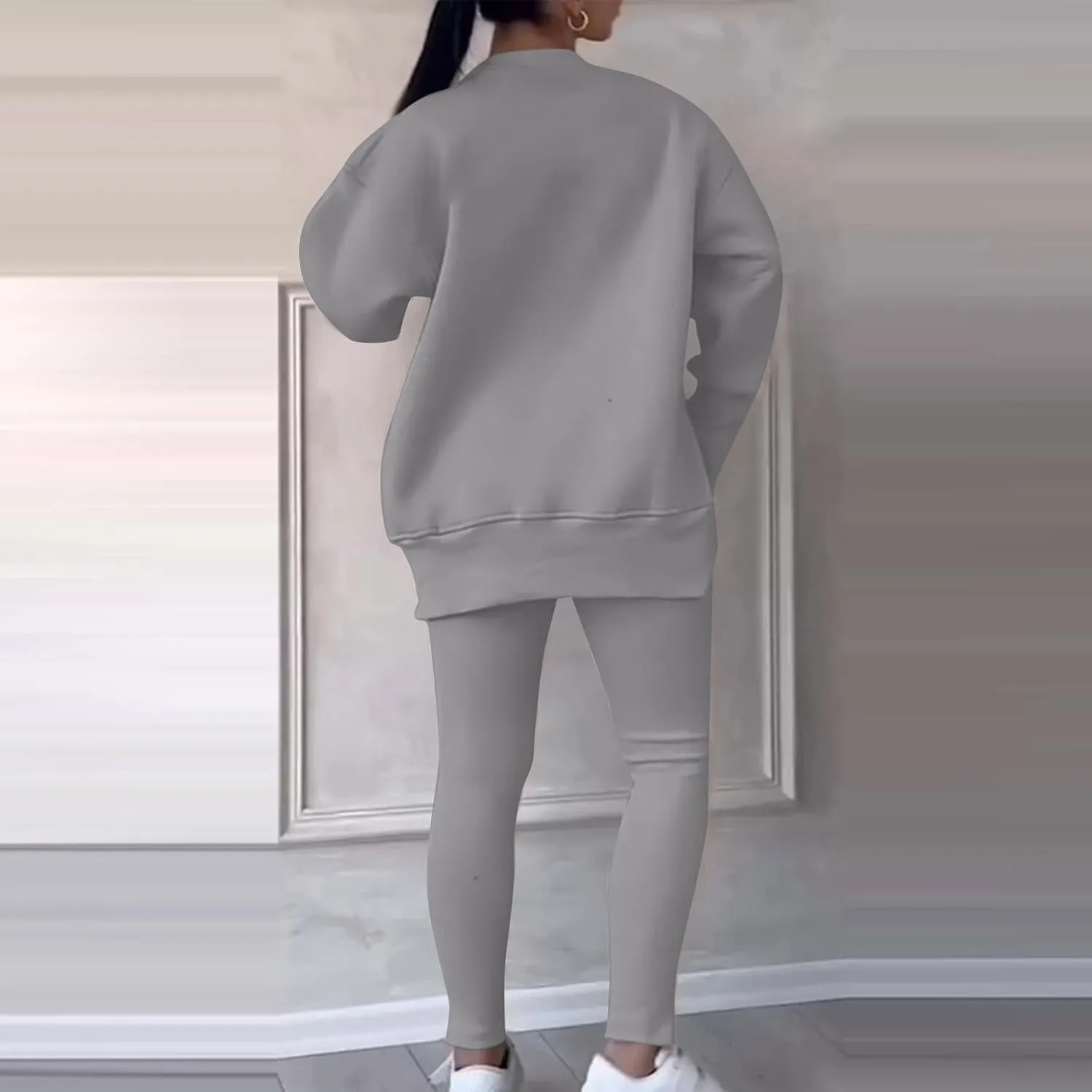 Womens Pant Sets 2 Piece Outfits Track Suit Sweatsuit Long Sleeve High-Low Slit Hem Top Sweatshirt Leggings Jogger Set